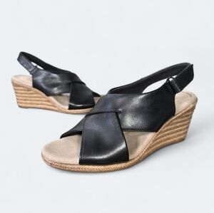 Clarks Lafley Alain Black Leather Espadrilles Wedge Sandals Size 7.5